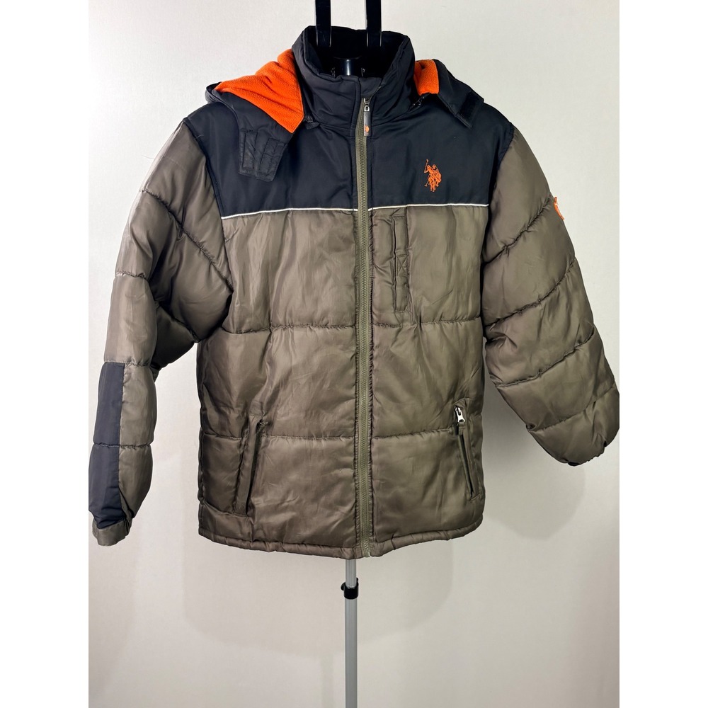 US Polo Assn Mens Large L 14/16 Olive Black Orange Fleece Lined Puffer Jacket